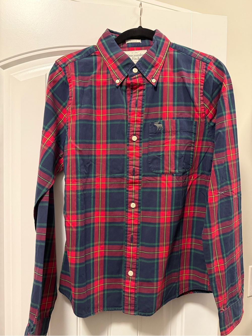 Abercrombie & Fitch Red and Navy Plaid Button-Down Shirt